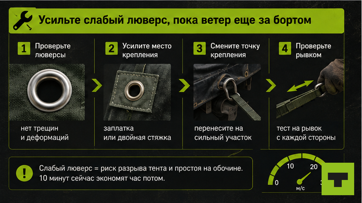Схема усиления слабого люверса тента перед выездом на ветер