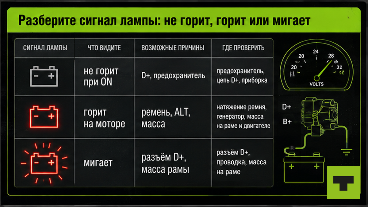 Таблица сигналов лампы зарядки: не горит, горит, мигает — причины и цепи D+ и ALT