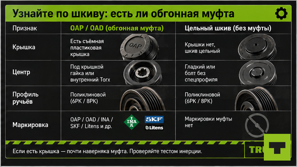 Таблица: шкив с обгонной муфтой vs цельный шкив генератора