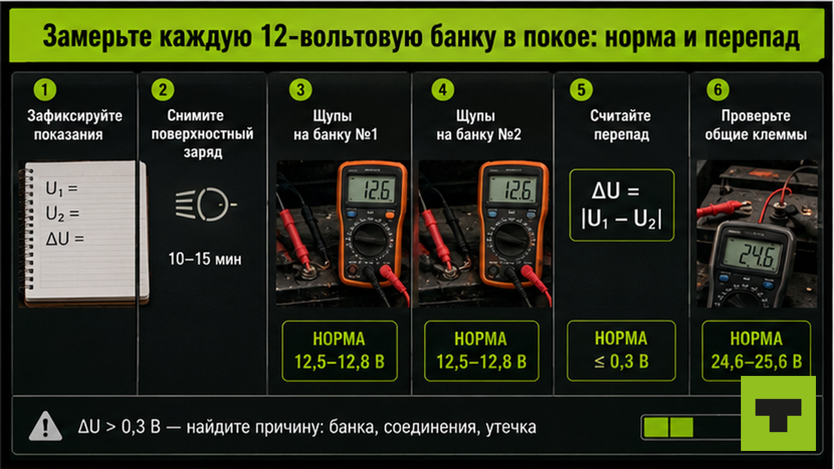 Схема шагов замера напряжения каждой 12‑вольтовой банки в покое с нормами и перепадом ΔU