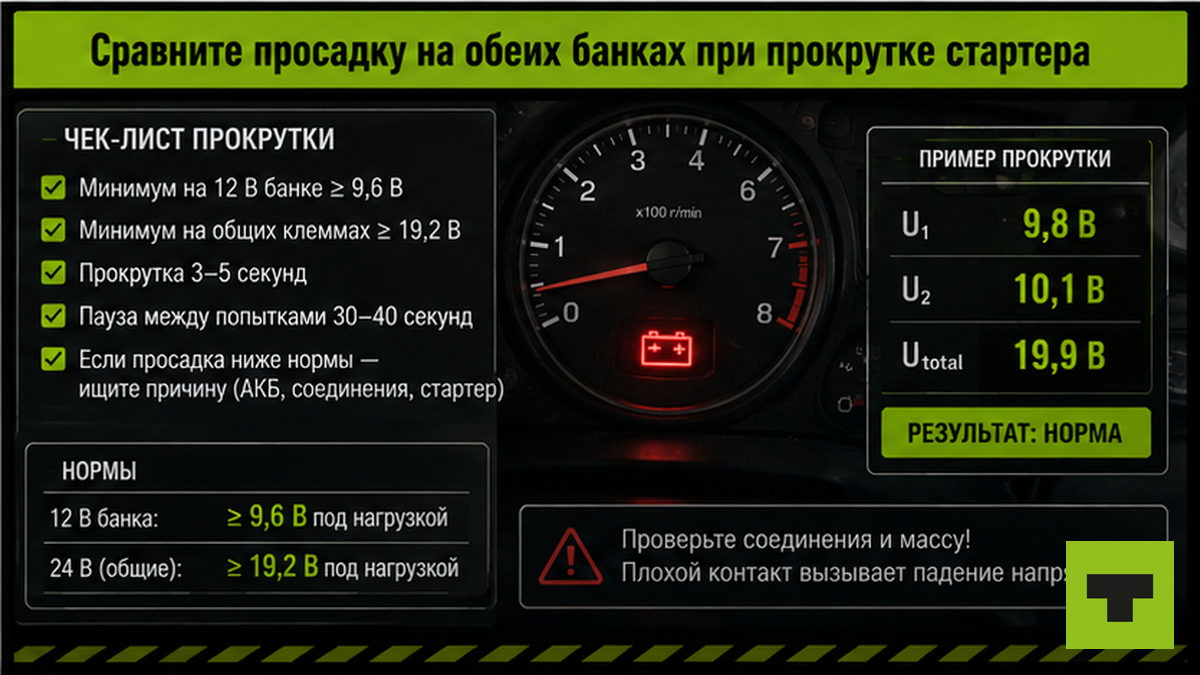 Чеклист просадки напряжения на обеих банках при прокрутке стартера зимой с порогами 9,6 В и 19,2 В