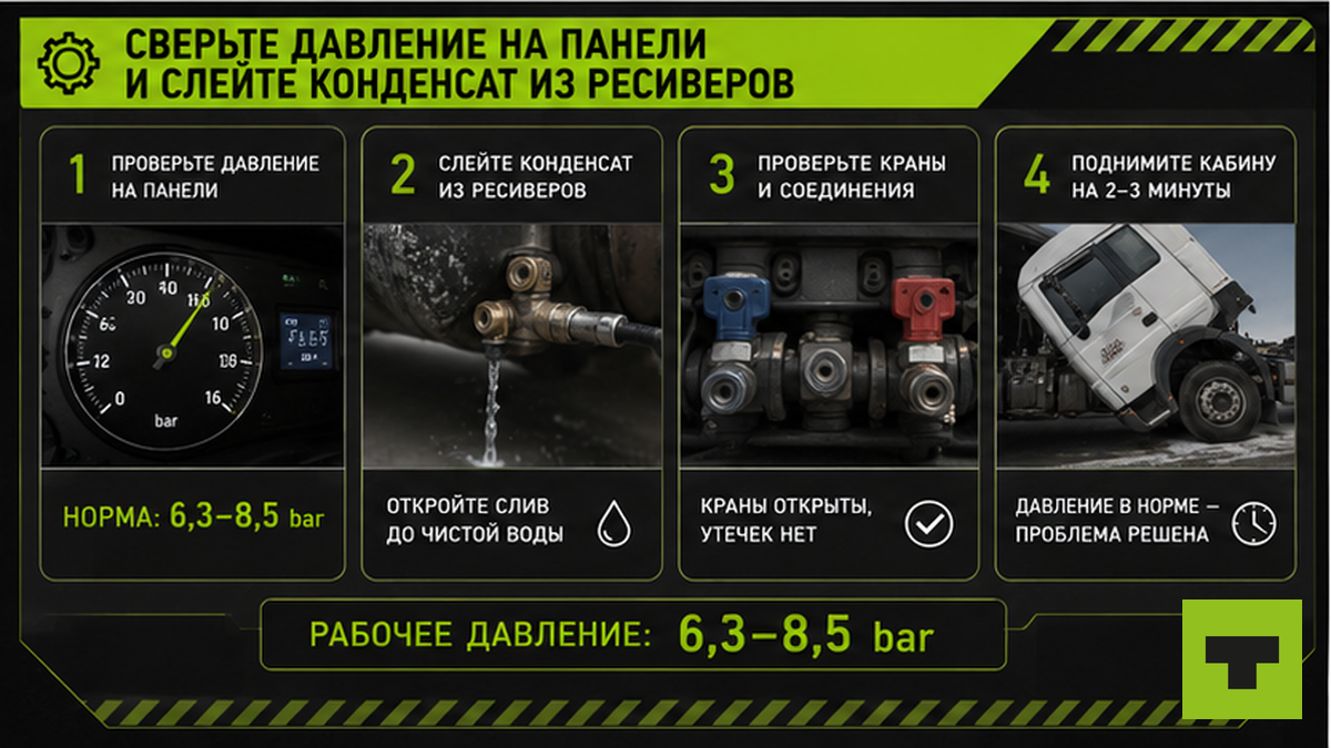 Схема: давление на панели и слив конденсата из ресиверов грузовика