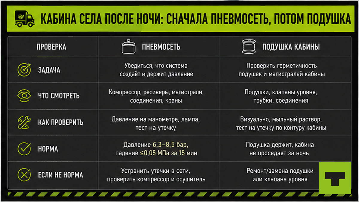 Таблица диагностики: сначала пневмосеть, потом подушка кабины на морозе
