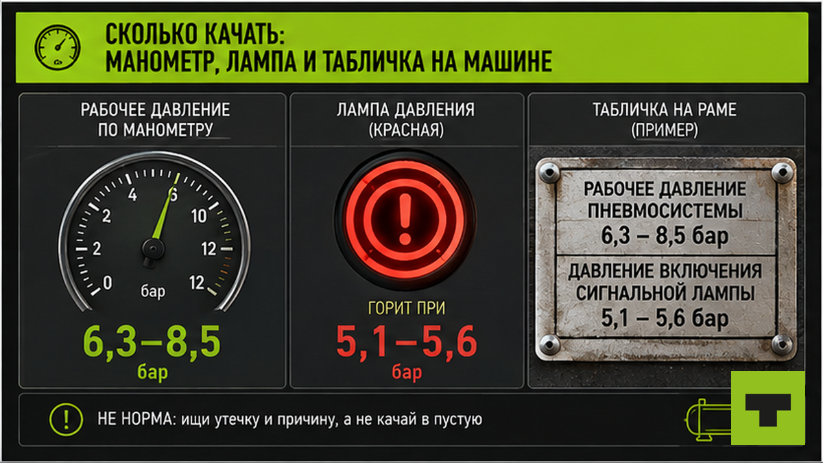 Нормы давления пневмоподвески: манометр, лампа и табличка на грузовике