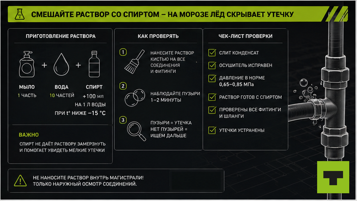 Чеклист мыльного раствора со спиртом для проверки пневмошлангов на морозе