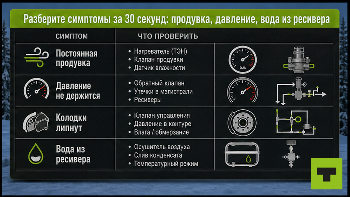 Таблица симптомов замёрзшего осушителя: продувка, давление, тормоза, вода из ресивера