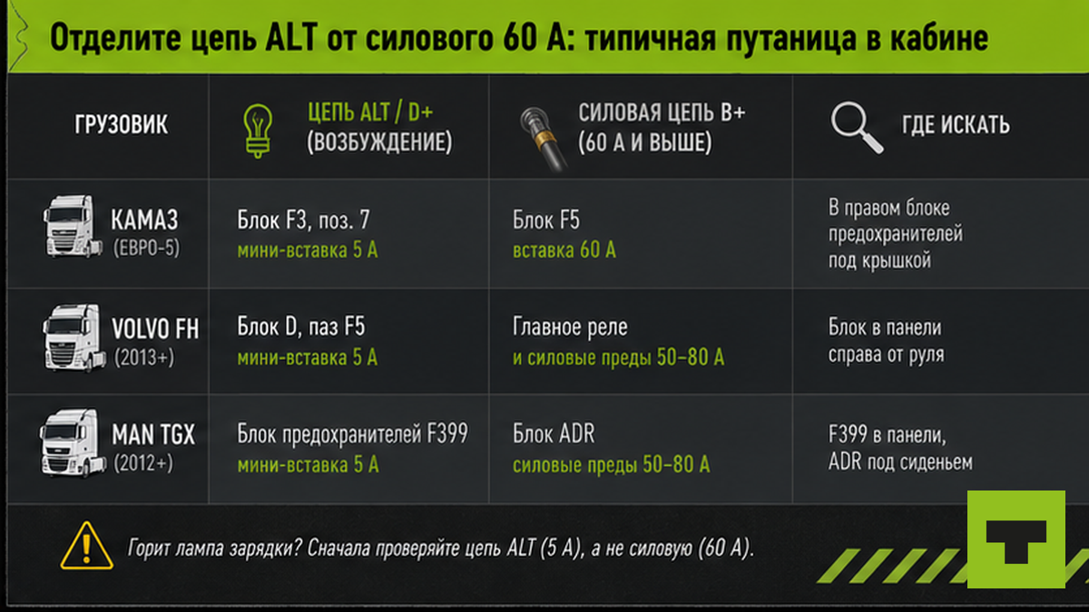Таблица отличий цепи ALT/D+ от силового предохранителя 60 А на КамАЗ, Volvo и MAN