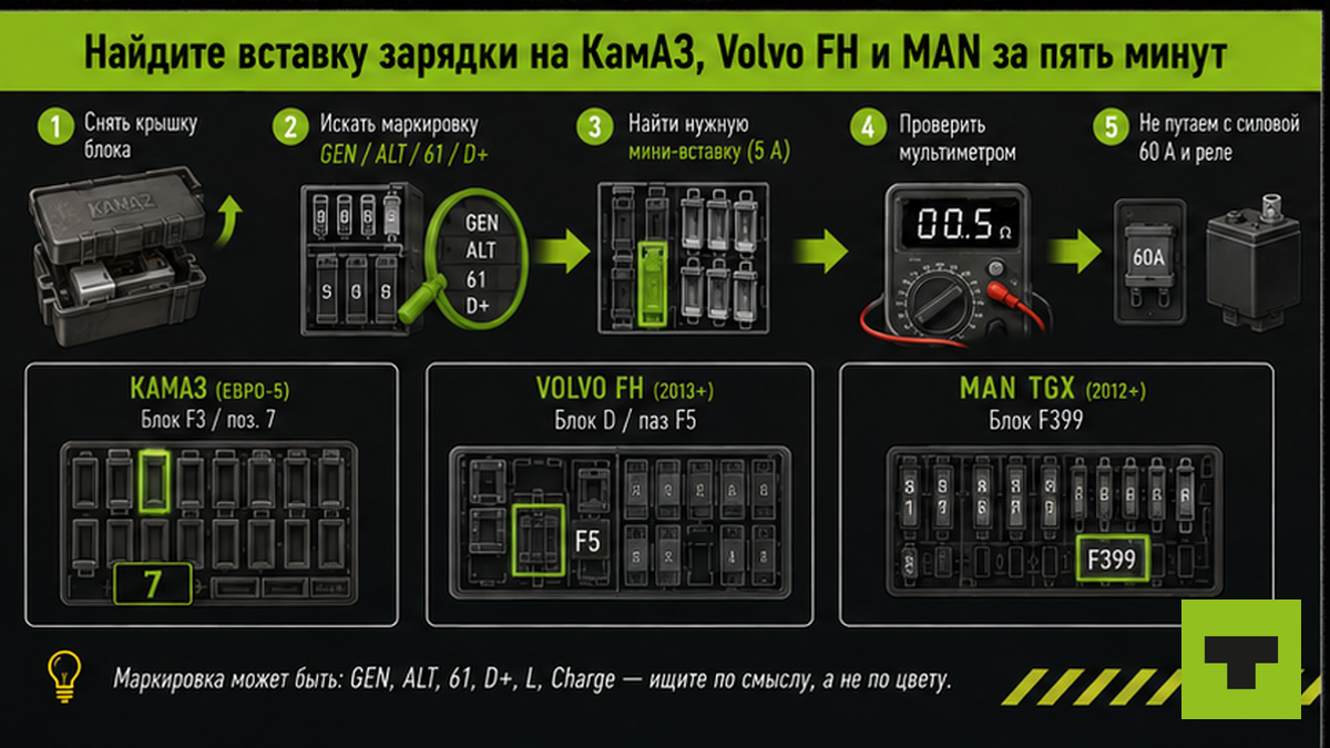 Схема быстрого поиска предохранителя зарядки на КамАЗ, Volvo FH и MAN TGX
