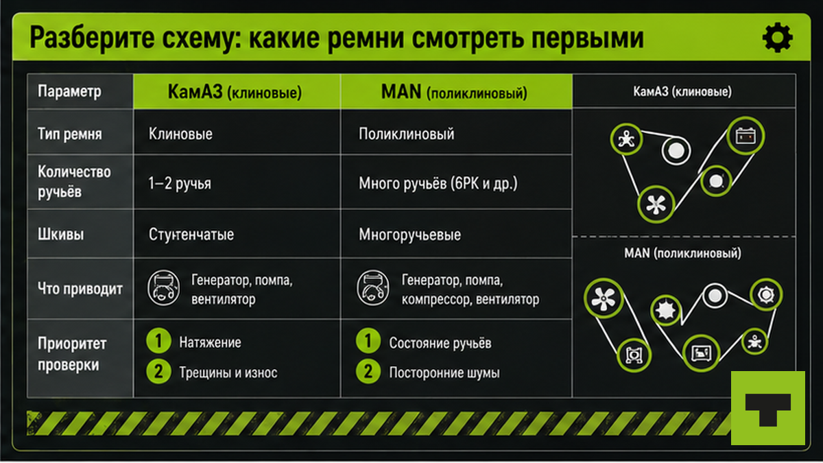 Таблица: какие приводные ремни проверять первыми на КамАЗ, MAN и Cummins