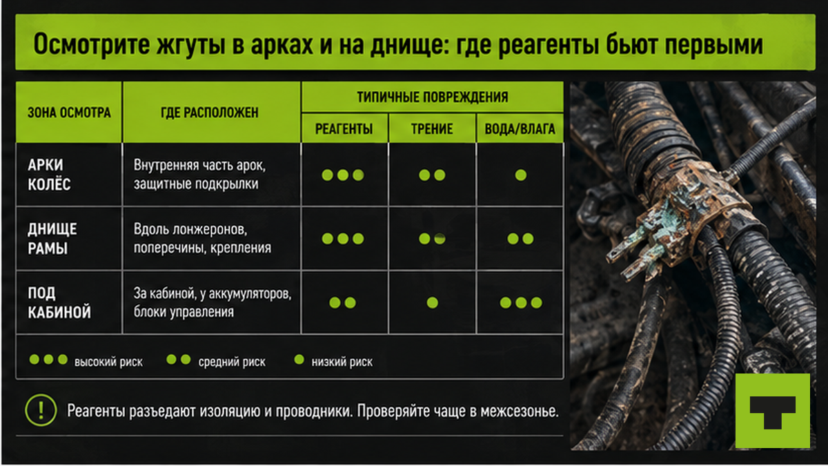 Таблица зон осмотра жгутов грузовика: арки, днище, реагенты