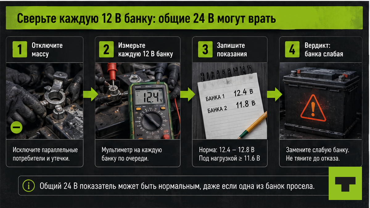 Схема проверки каждой 12 В банки в 24 В системе грузовика