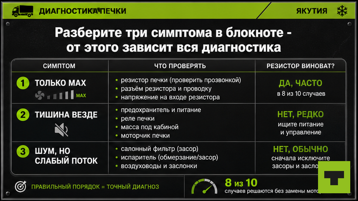 Таблица трёх симптомов печки грузовика: когда виноват резистор отопителя