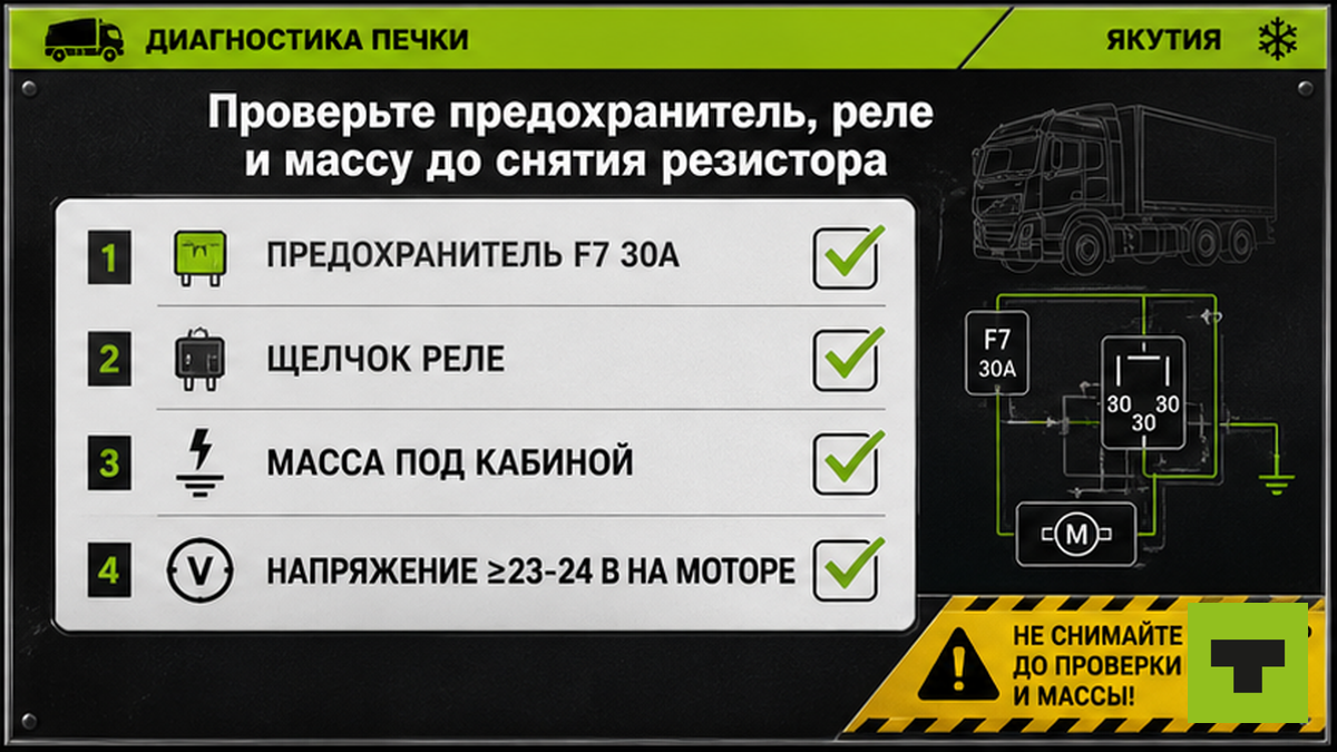 Чеклист проверки предохранителя, реле и массы цепи отопителя грузовика