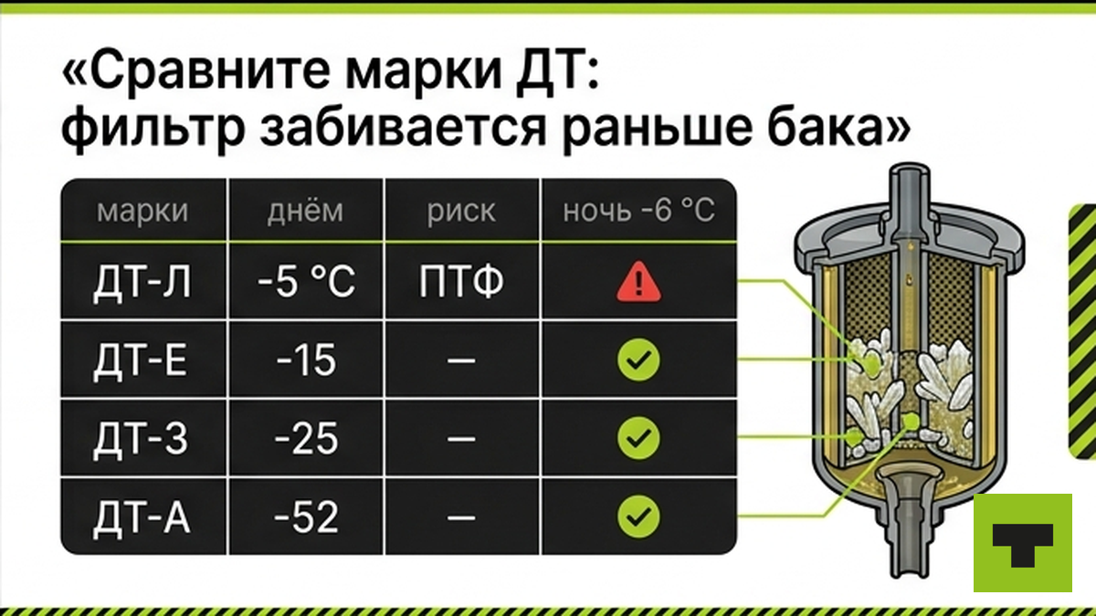 Таблица марок дизтоплива: ПТФ и риск парафина в фильтре при −6 °C