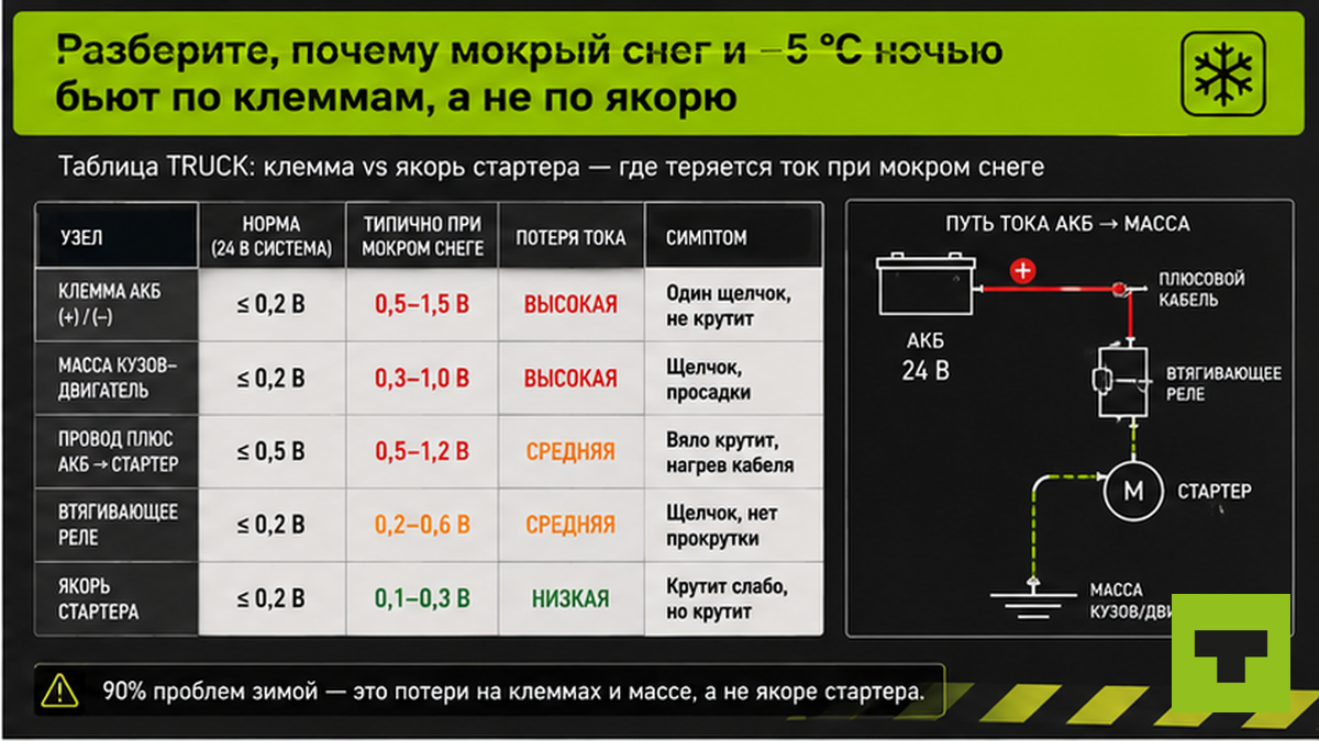 Сравнительная таблица: мокрый снег бьёт по клеммам и массе, а не по якорю стартера
