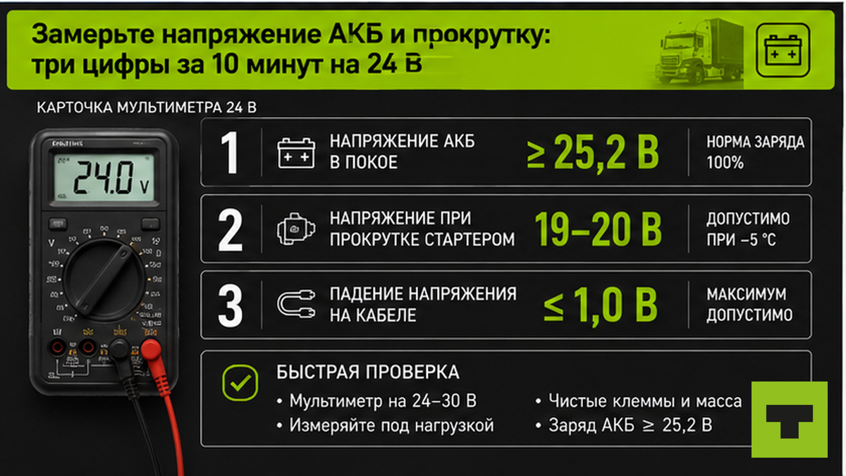 Инфографика: три замера напряжения АКБ 24 В мультиметром за 10 минут