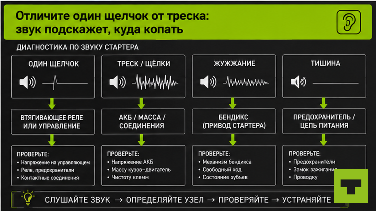 Схема workflow: как отличить щелчок стартера от треска при диагностике
