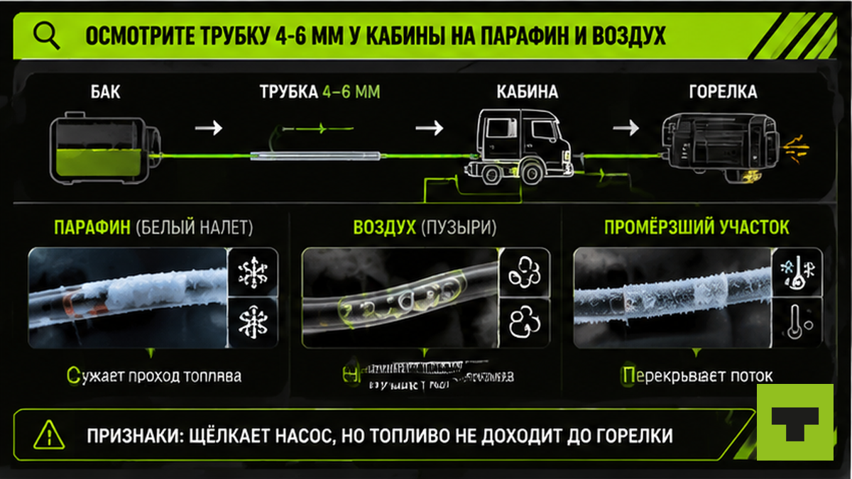 Схема осмотра топливной трубки автономки у кабины: парафин, воздух и замерзание при −35…−48 °C