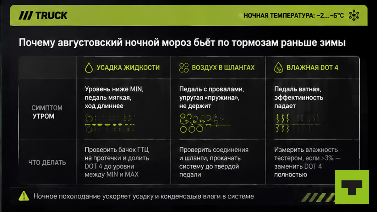 Таблица: почему августовский ночной мороз бьёт по тормозам — усадка, воздух, влажность DOT 4