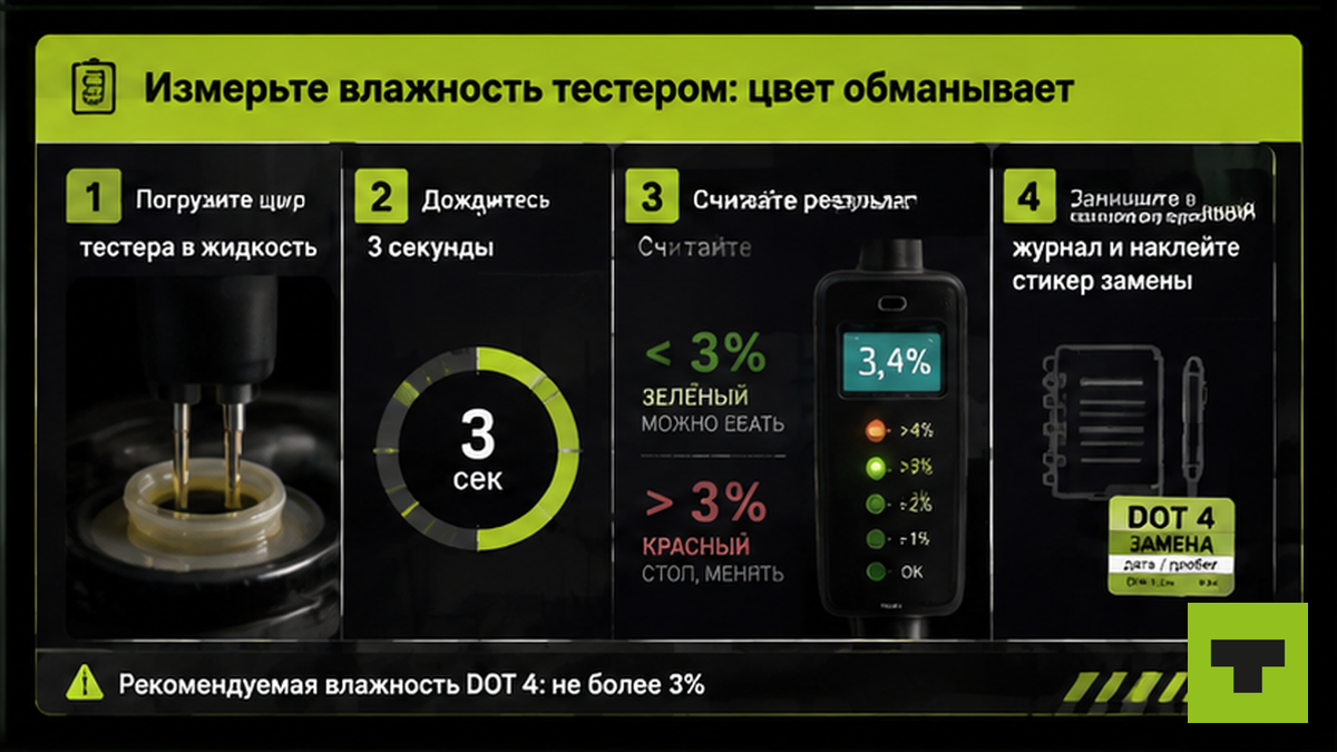 Схема измерения влажности тормозной жидкости тестером — цвет обманывает