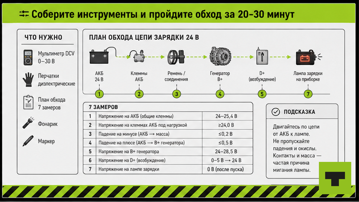 Чеклист инструментов и порядок обхода цепи зарядки 24 В за 20–30 минут