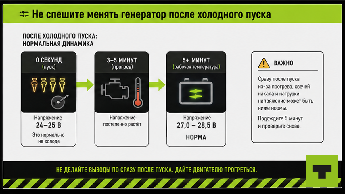 Схема: напряжение после холодного пуска растёт за 3–5 минут прогрева