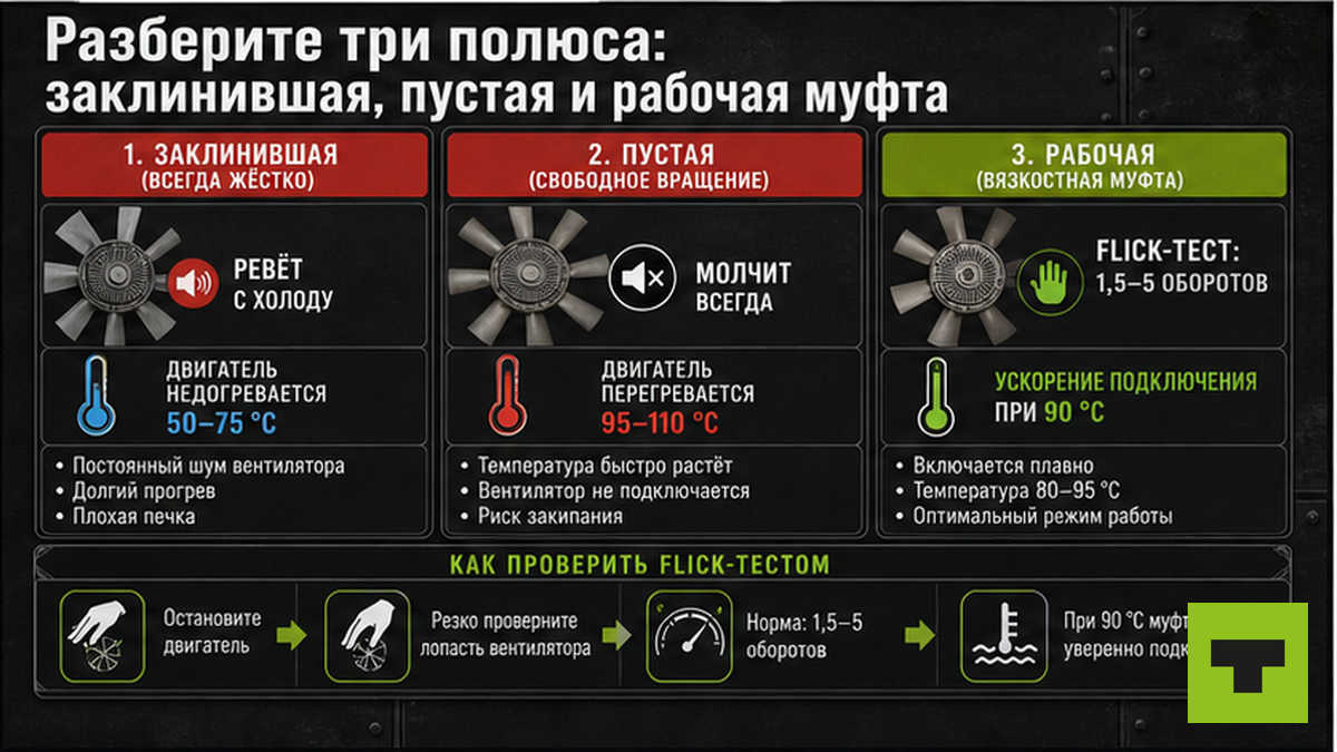 Схема трёх состояний вискомуфты: заклинившая, пустая и исправная