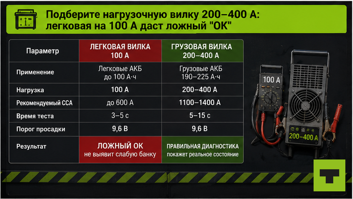Сравнение нагрузочных вилок 100 А и 200–400 А для проверки аккумулятора грузовика