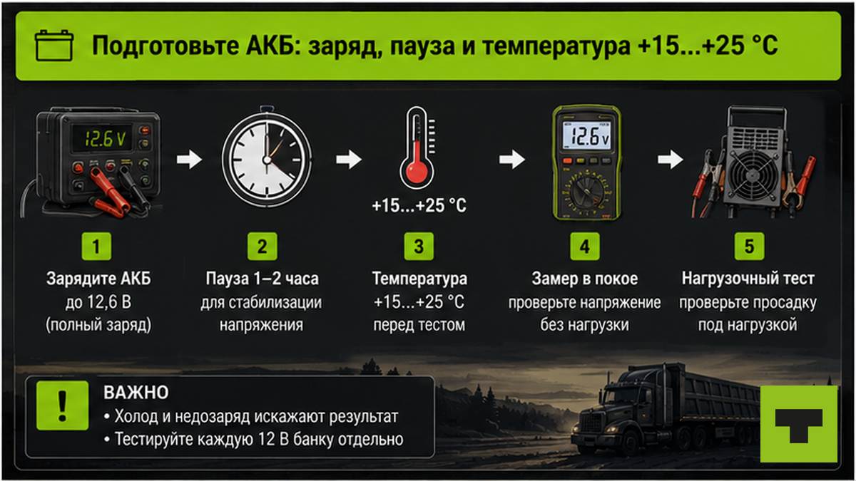 Пошаговая схема подготовки аккумулятора перед нагрузочным тестом: заряд, пауза, температура