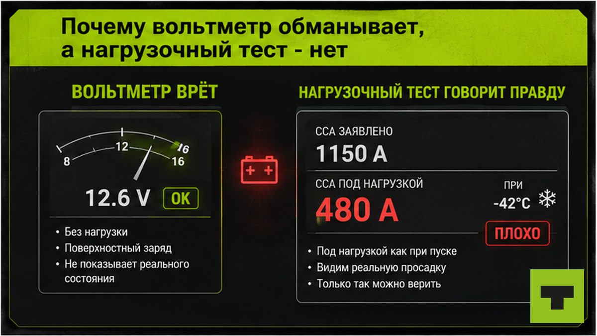 Инфографика: вольтметр 12.6В норма, нагрузочный тест CCA 1150А → 480А при -42°C