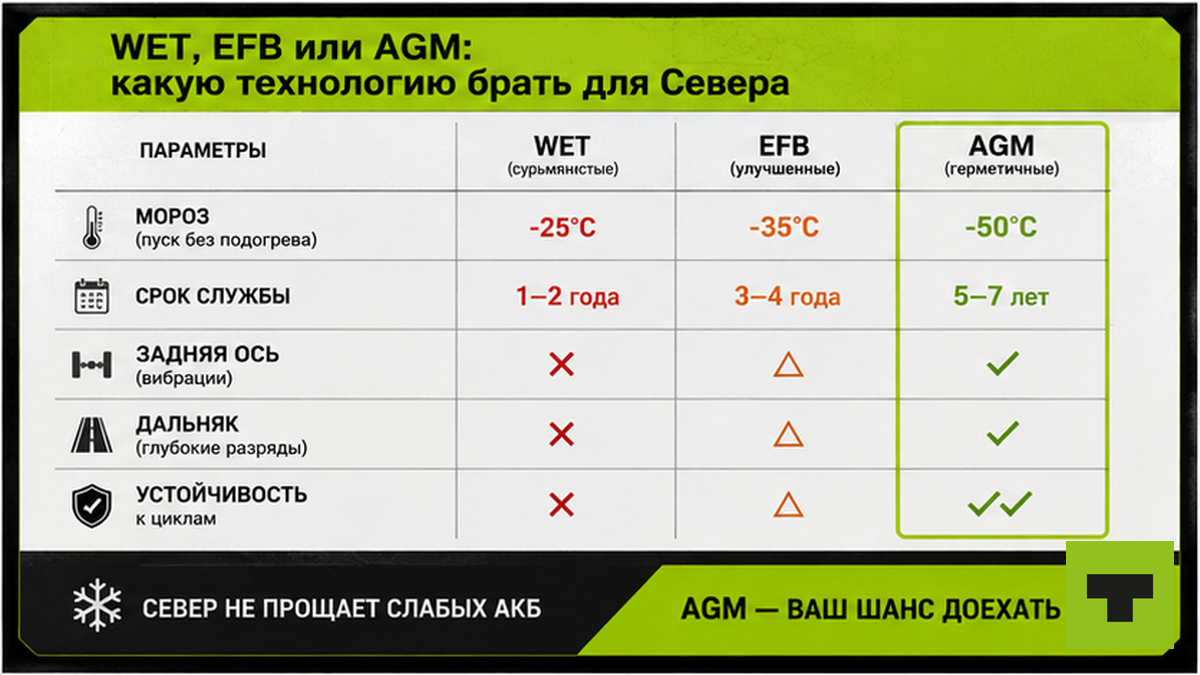 Сравнительная таблица WET, EFB-Premium, AGM аккумуляторов для грузовика в Якутии