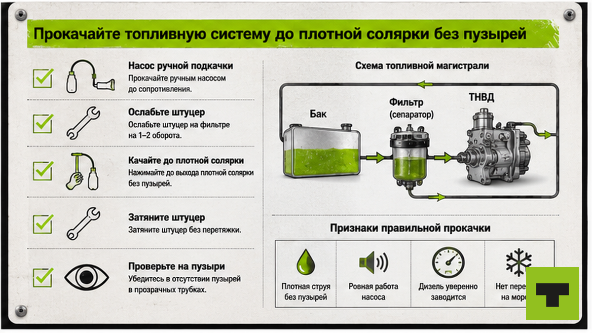Чеклист прокачки топливной системы грузовика до плотной солярки без воздуха