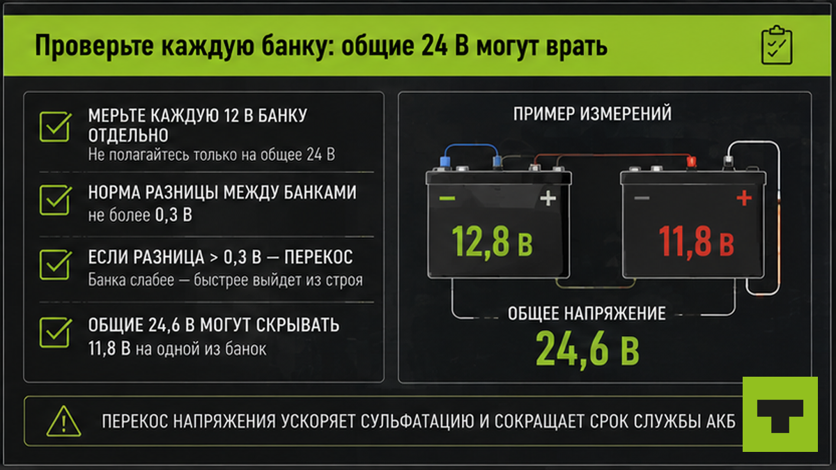 Чеклист проверки каждой банки 12 В — общие 24 В могут врать