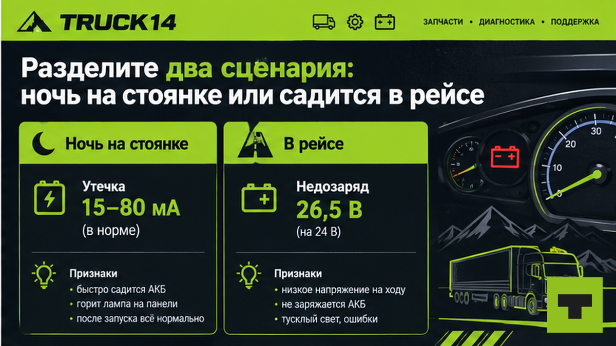 Таблица сравнения двух сценариев: ночная утечка тока vs недозаряд в рейсе на грузовике