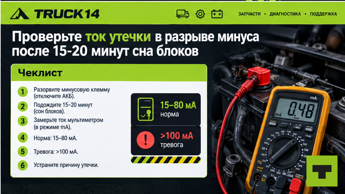 Чеклист проверки тока утечки аккумулятора в разрыве минуса на грузовике