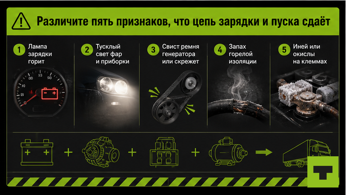 Схема пяти признаков сбоя цепи зарядки и пуска грузовика