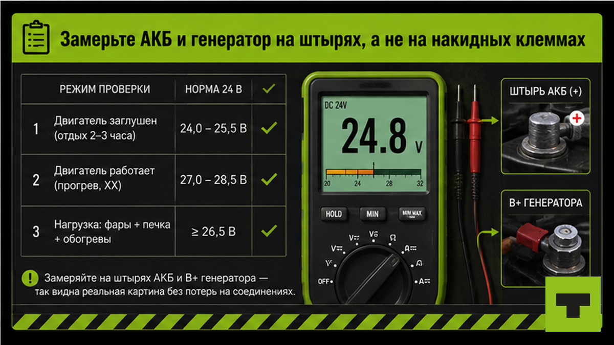 Чеклист норм напряжения 24 В при проверке АКБ и генератора на штырях