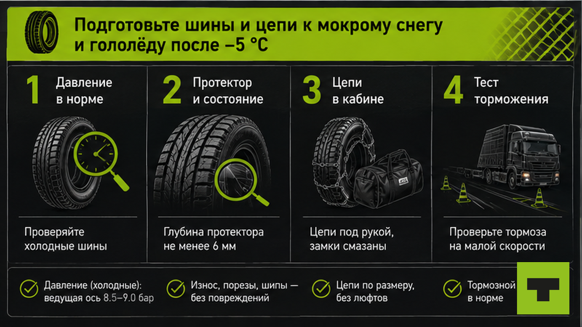 Схема подготовки шин и цепей к мокрому снегу и гололёду