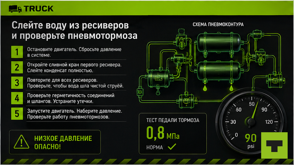 Чеклист слива воды из пневморесиверов и проверки тормозов перед заморозками