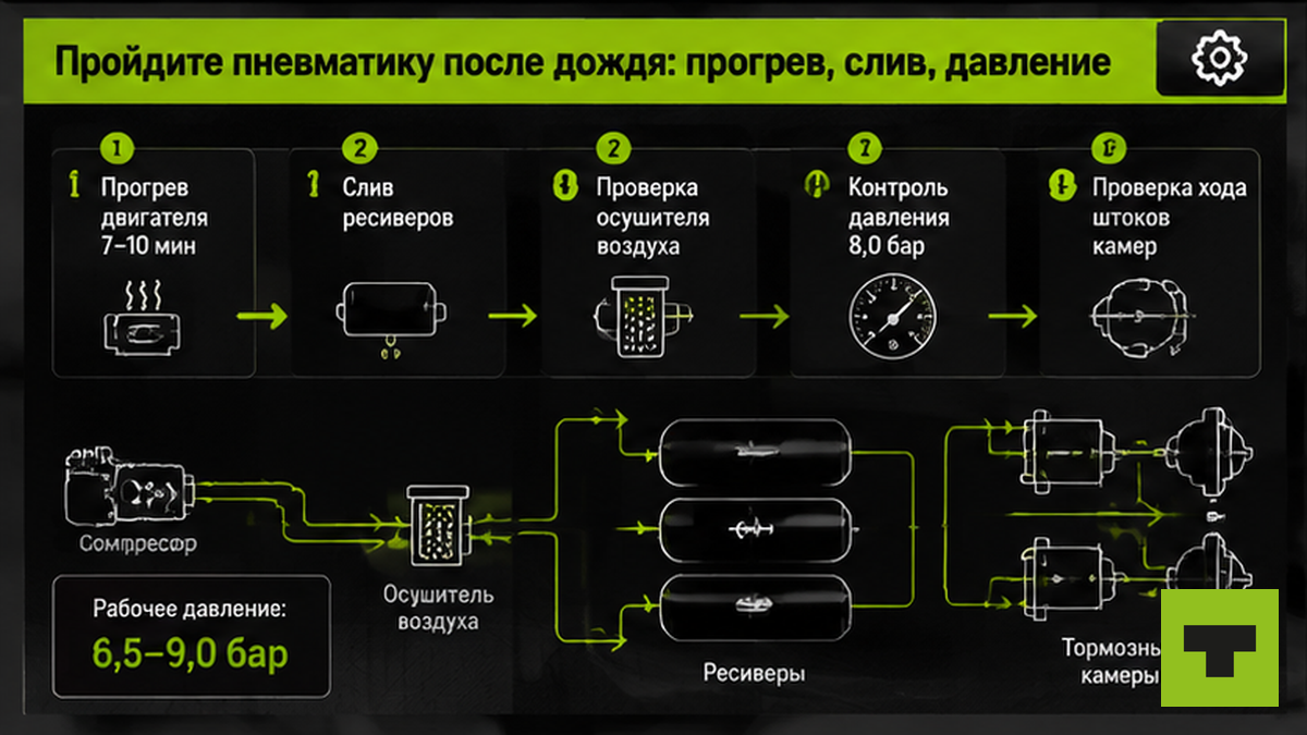Схема проверки пневмотормозов после дождя: прогрев, слив, давление