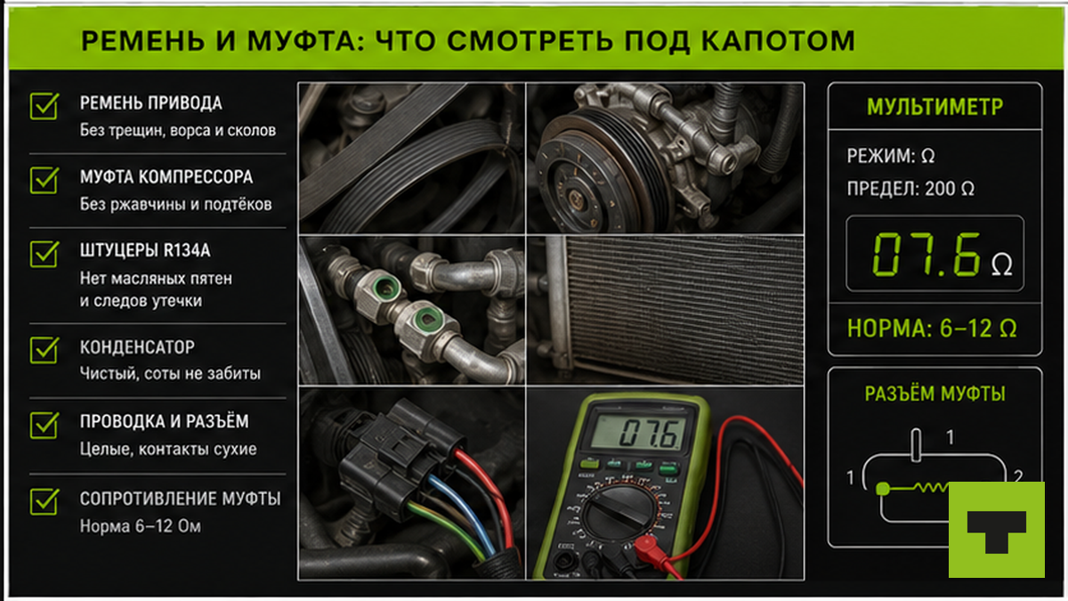 Чеклист осмотра ремня и муфты компрессора кондиционера под капотом грузовика