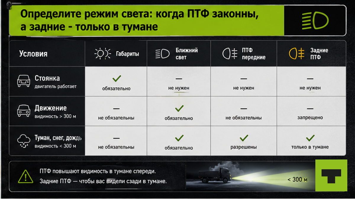 Таблица режимов света ПТФ при видимости меньше 300 м на пароме