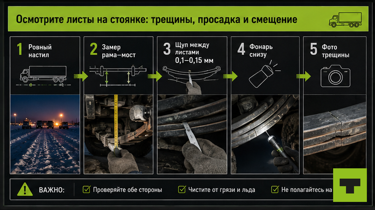 Схема пошагового осмотра листов рессоры на стоянке