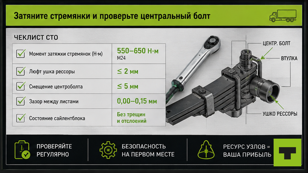 Чеклист затяжки стремянок и проверки центрального болта рессоры