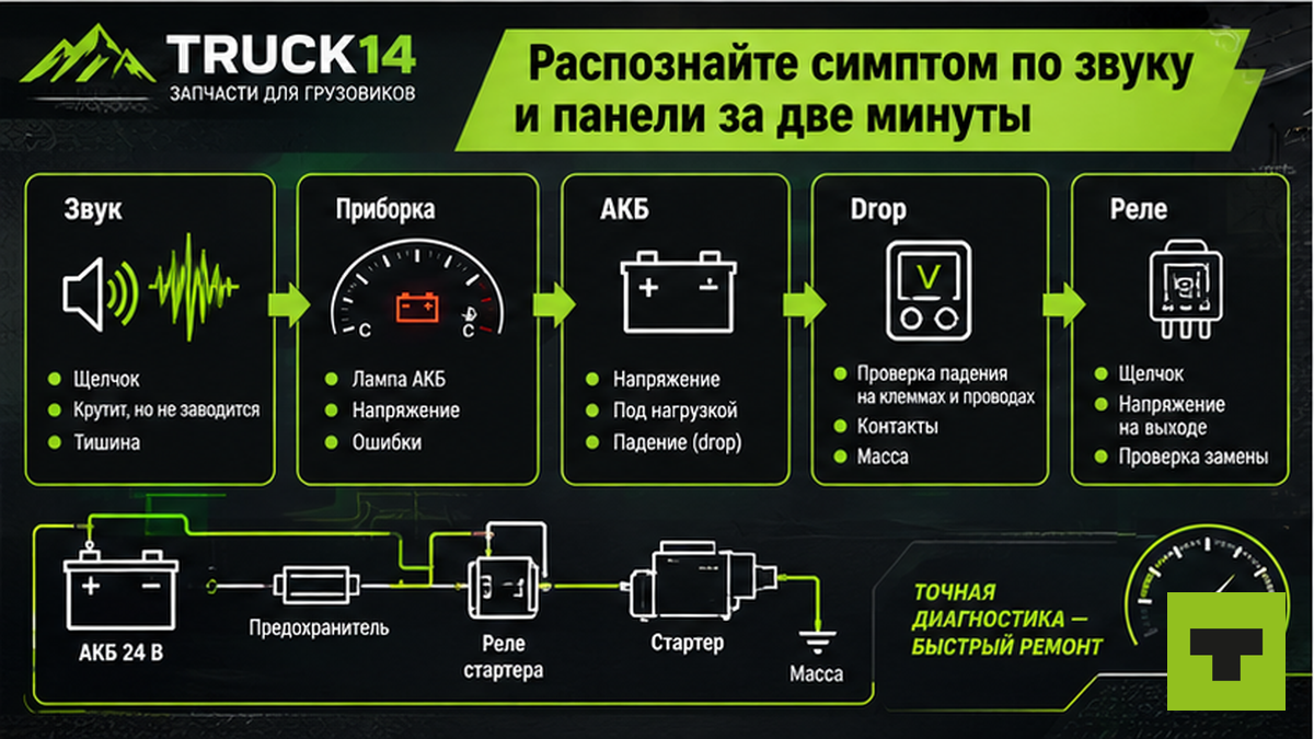 Схема workflow: распознать симптом стартера по звуку и приборной панели