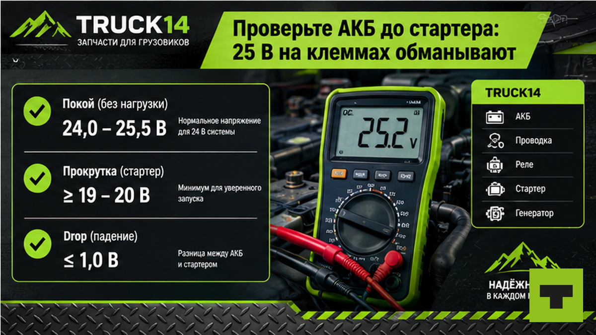 Чек-лист проверки АКБ 24 В перед стартером: три контрольных напряжения