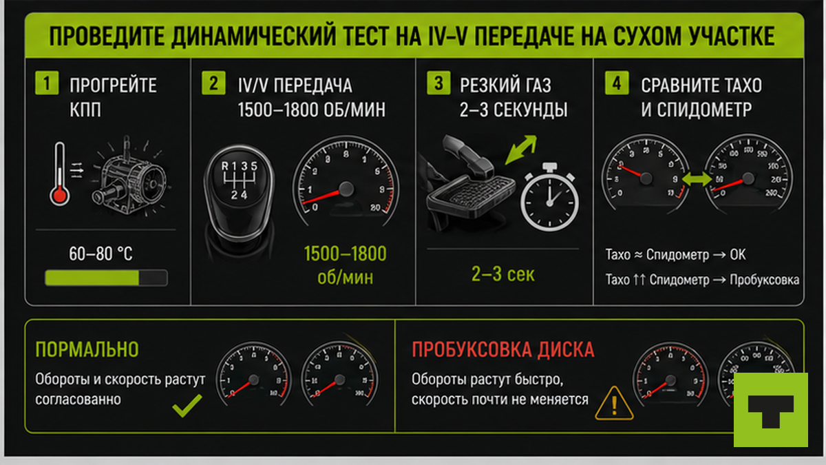 Схема динамического теста сцепления на IV–V передаче на сухом участке