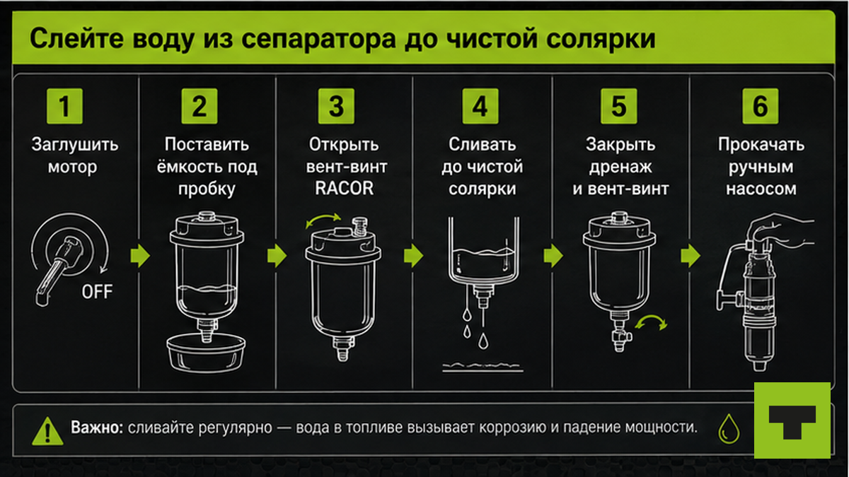 Пошаговая схема слива воды из топливного сепаратора грузовика