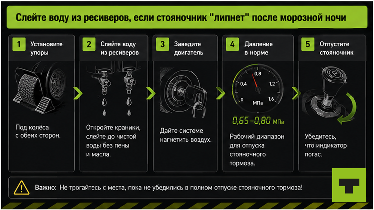 Схема: слив воды из ресиверов и проверка стояночника после морозной ночи