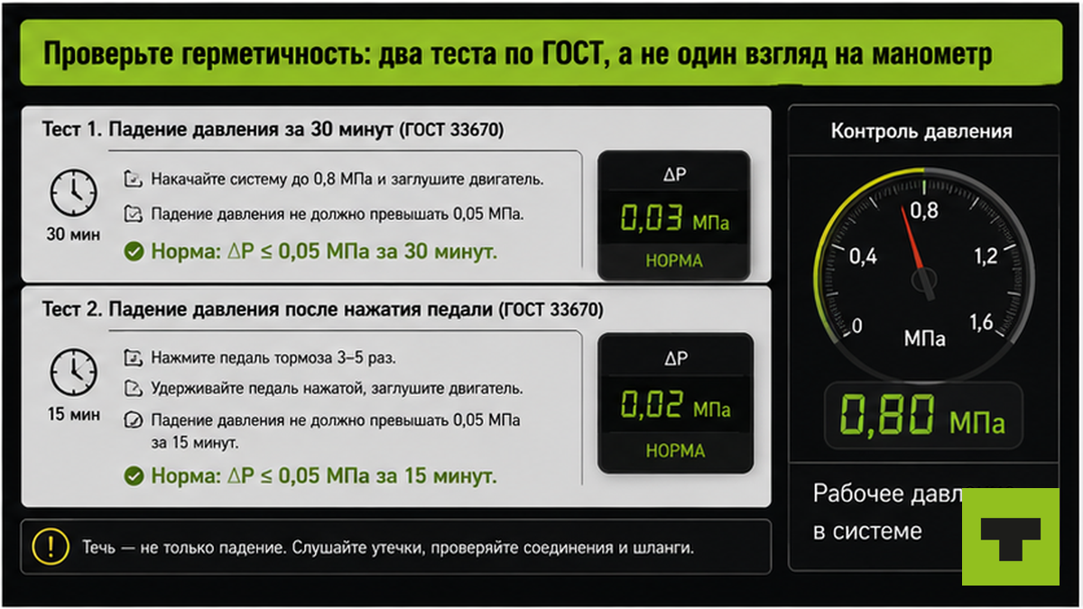 Чек-лист двух тестов герметичности пневмотормозов по ГОСТ: 30 и 15 минут, падение не больше 0,05 МПа